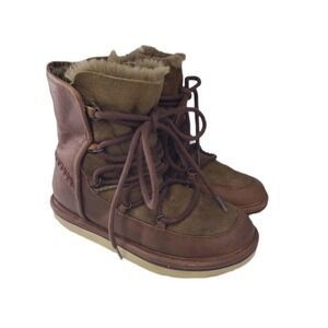 Ugg Lodge Sheepskin Lined Leather Boots Booties‎ Women's 5 Lace Up Brown Youth 3